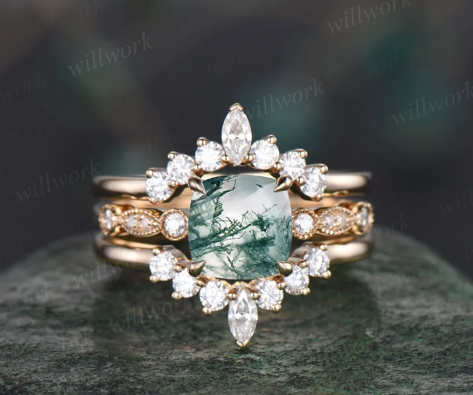 Cushion cut moss agate ring gold vintage green moss agate engagement ring yellow gold art deco unique moissanite wedding promise ring set sold by Willwork Jewelry