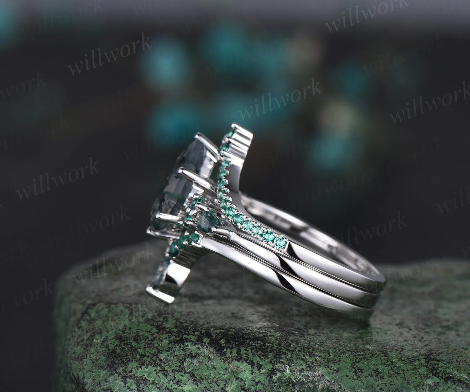Kite cut green moss agate engagement ring white gold stacking vintage emerald wedding bridal ring set women gemstone jewelry sold by Willwork Jewelry product image thumbnail 4