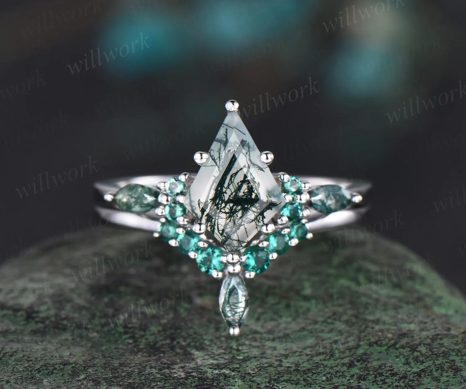 Kite cut green moss agate engagement ring white gold stacking vintage emerald wedding bridal ring set women gemstone jewelry sold by Willwork Jewelry product image thumbnail 5