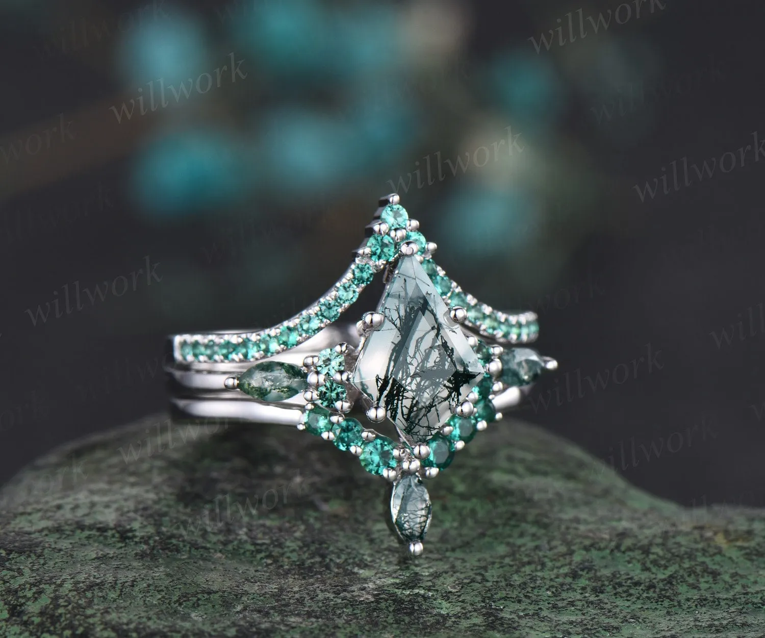 Kite cut green moss agate engagement ring white gold stacking vintage emerald wedding bridal ring set women gemstone jewelry sold by Willwork Jewelry product image thumbnail 3
