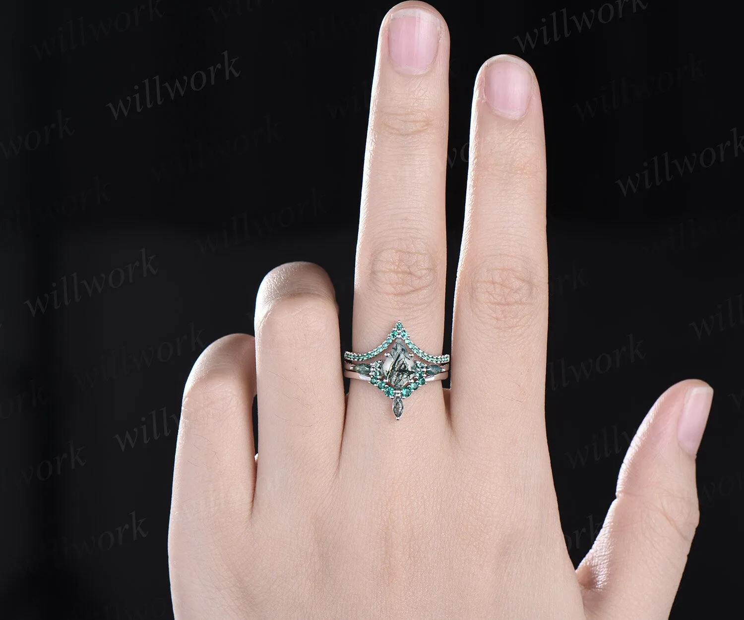 Kite cut green moss agate engagement ring white gold stacking vintage emerald wedding bridal ring set women gemstone jewelry sold by Willwork Jewelry product image thumbnail 2