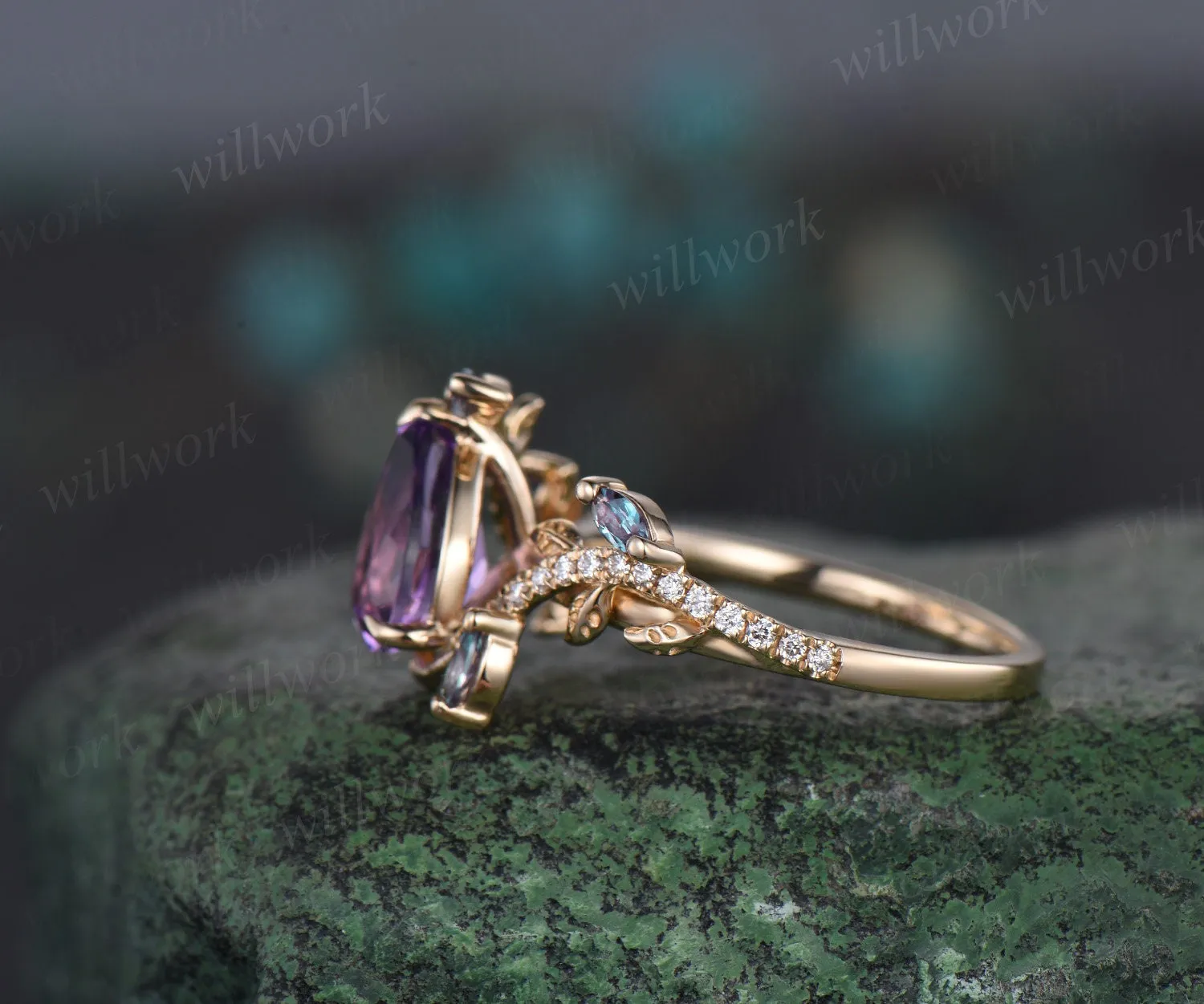 Vintage pear amethyst engagement ring 14k yellow gold leaf nature inspired branch half eternity alexandrite wedding anniversary ring women sold by Willwork Jewelry product image thumbnail 5