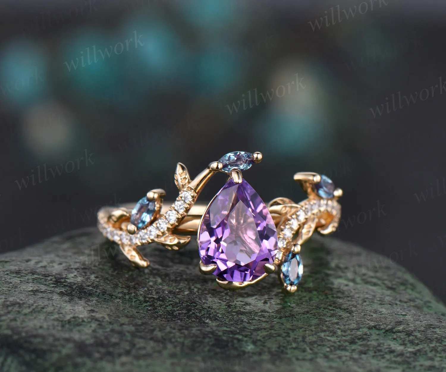 Vintage pear amethyst engagement ring 14k yellow gold leaf nature inspired branch half eternity alexandrite wedding anniversary ring women sold by Willwork Jewelry product image thumbnail 3