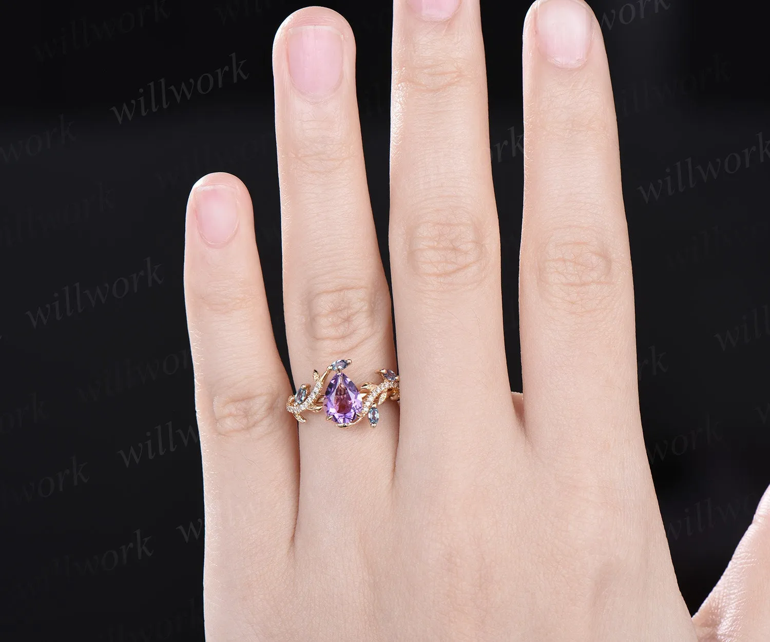 Vintage pear amethyst engagement ring 14k yellow gold leaf nature inspired branch half eternity alexandrite wedding anniversary ring women sold by Willwork Jewelry product image thumbnail 2