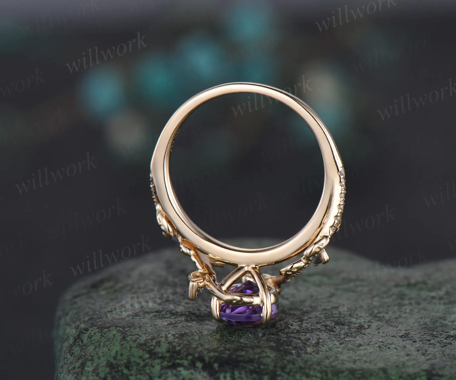 Vintage pear amethyst engagement ring 14k yellow gold leaf nature inspired branch half eternity alexandrite wedding anniversary ring women sold by Willwork Jewelry product image thumbnail 4