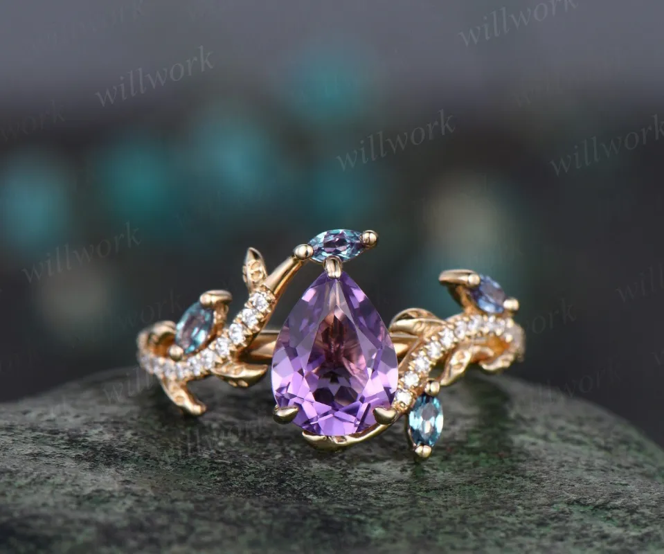 Vintage pear amethyst engagement ring 14k yellow gold leaf nature inspired branch half eternity alexandrite wedding anniversary ring women sold by Willwork Jewelry