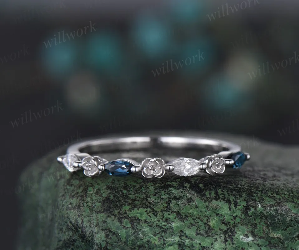 Flower marquise cut London blue topaz moissanite wedding band solid 14k white gold half eternity stacking bridal anniversary ring gift made by Willwork Jewelry