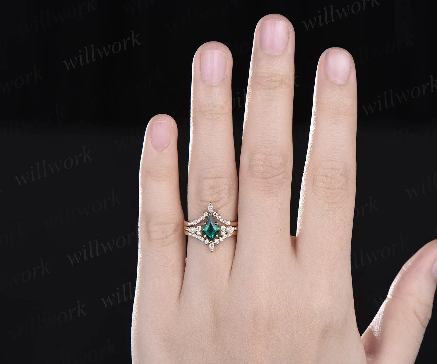 Kite cut green emerald engagement ring solid 14k yellow gold stacking moissanite wedding bridal ring set women gemstone jewelry sold by Willwork Jewelry product image thumbnail 2