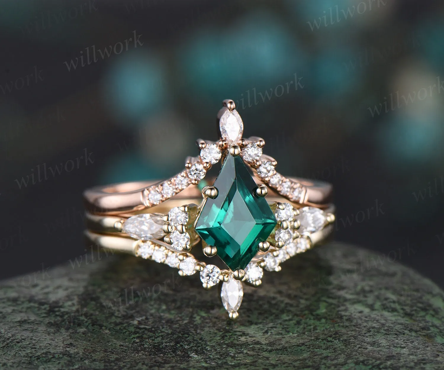 Kite cut green emerald engagement ring solid 14k yellow gold stacking moissanite wedding bridal ring set women gemstone jewelry sold by Willwork Jewelry product image thumbnail 3