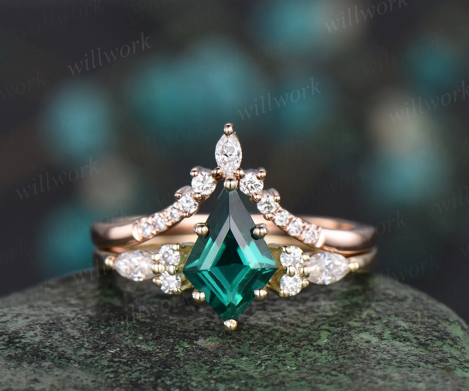 Kite cut green emerald engagement ring solid 14k yellow gold stacking moissanite wedding bridal ring set women gemstone jewelry sold by Willwork Jewelry product image thumbnail 4