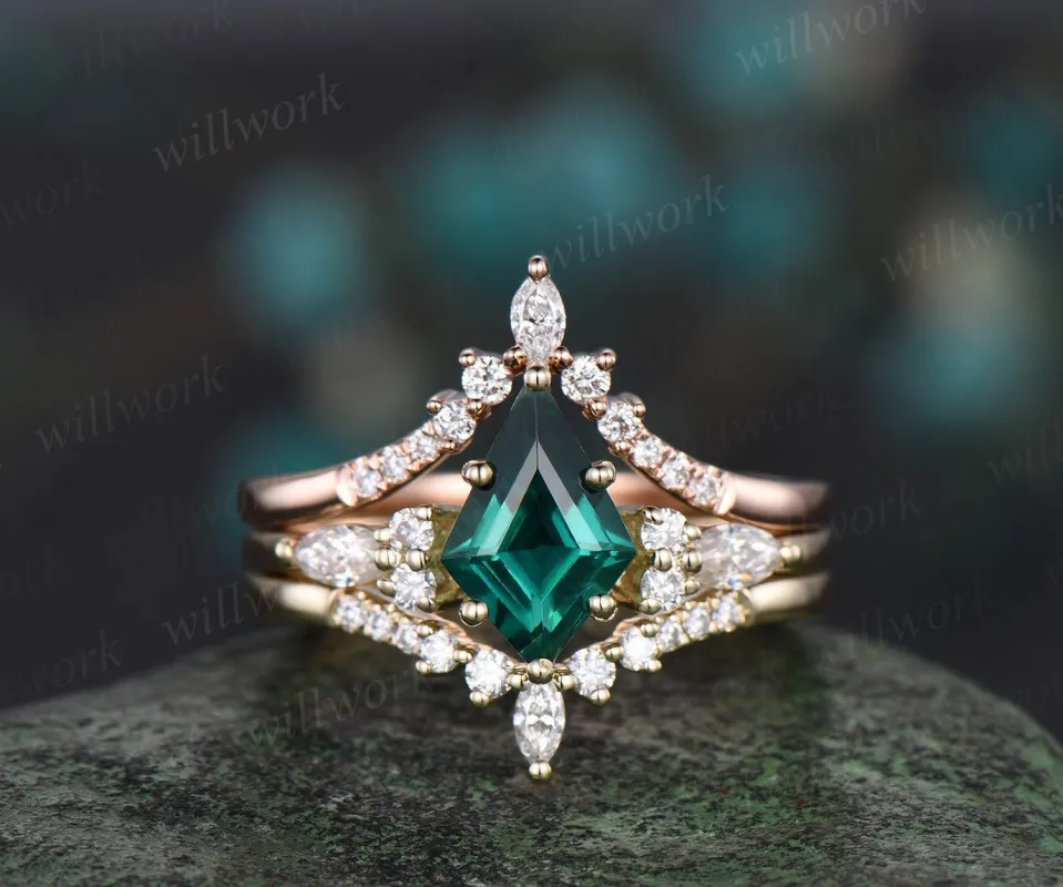 Kite cut green emerald engagement ring solid 14k yellow gold stacking moissanite wedding bridal ring set women gemstone jewelry sold by Willwork Jewelry