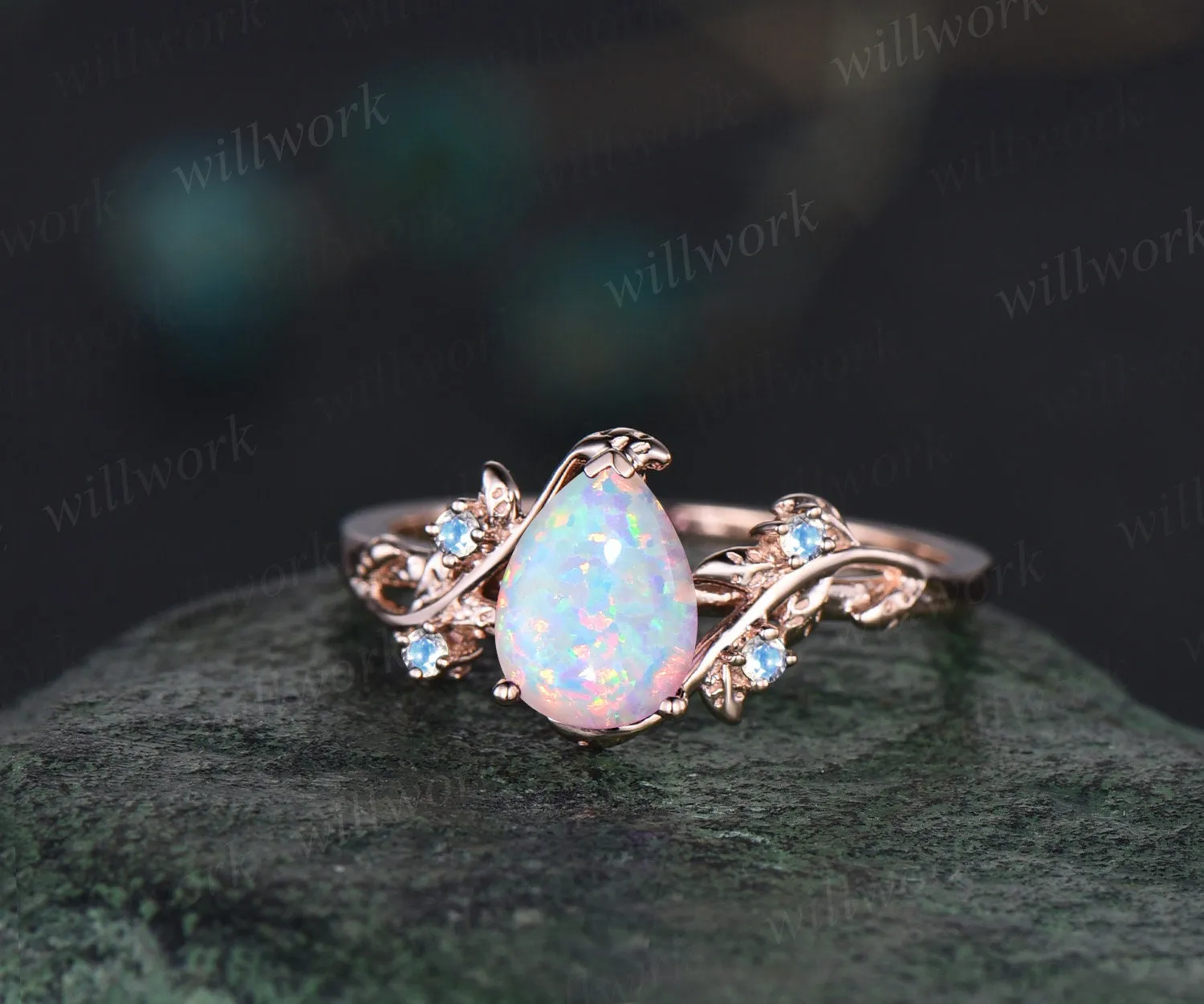 Pear shaped white opal engagement ring solid 14k white gold leaf branch five stone amethyst ring women unique wedding anniversary ring gift sold by Willwork Jewelry product image thumbnail 4