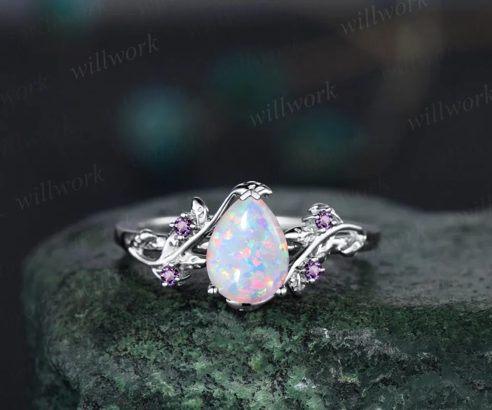 Pear shaped white opal engagement ring solid 14k white gold leaf branch five stone amethyst ring women unique wedding anniversary ring gift sold by Willwork Jewelry