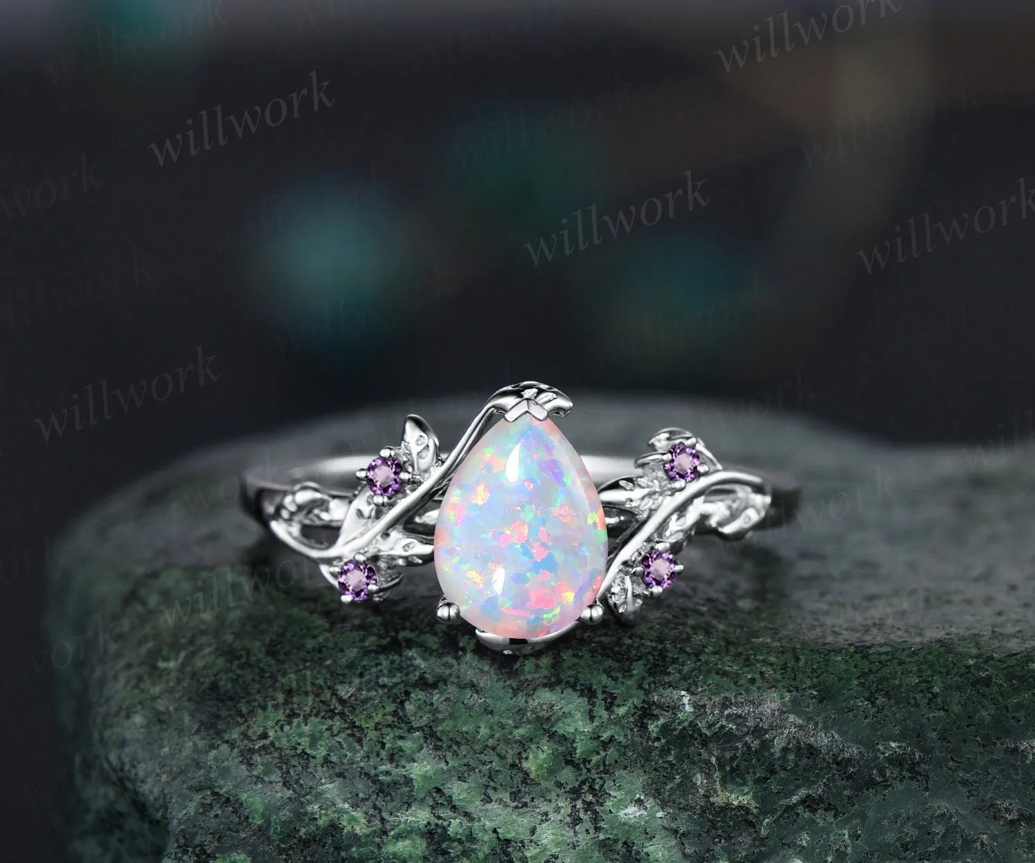 Pear shaped white opal engagement ring solid 14k white gold leaf branch five stone amethyst ring women unique wedding anniversary ring gift sold by Willwork Jewelry