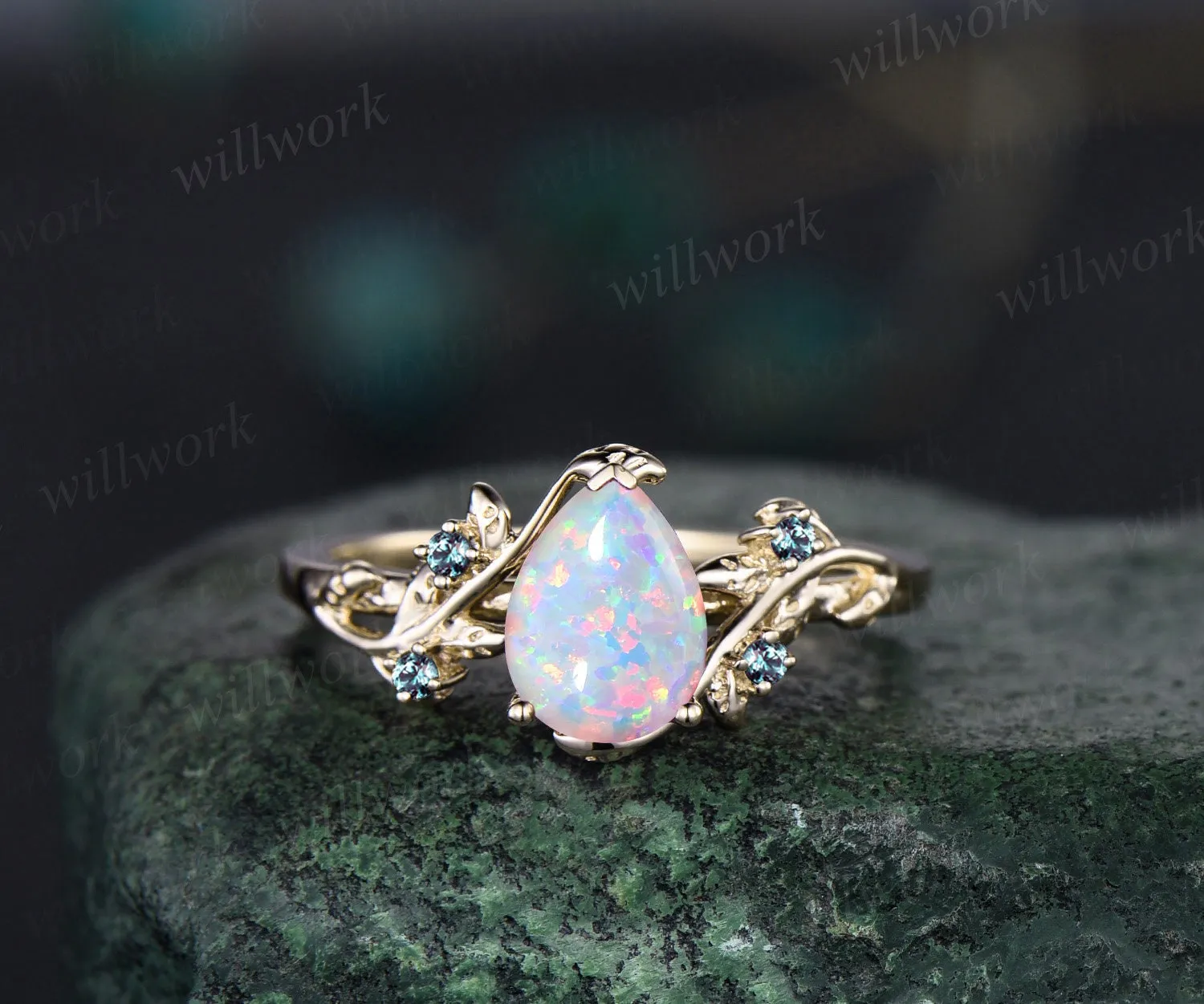 Pear shaped white opal engagement ring solid 14k white gold leaf branch five stone amethyst ring women unique wedding anniversary ring gift sold by Willwork Jewelry product image thumbnail 5