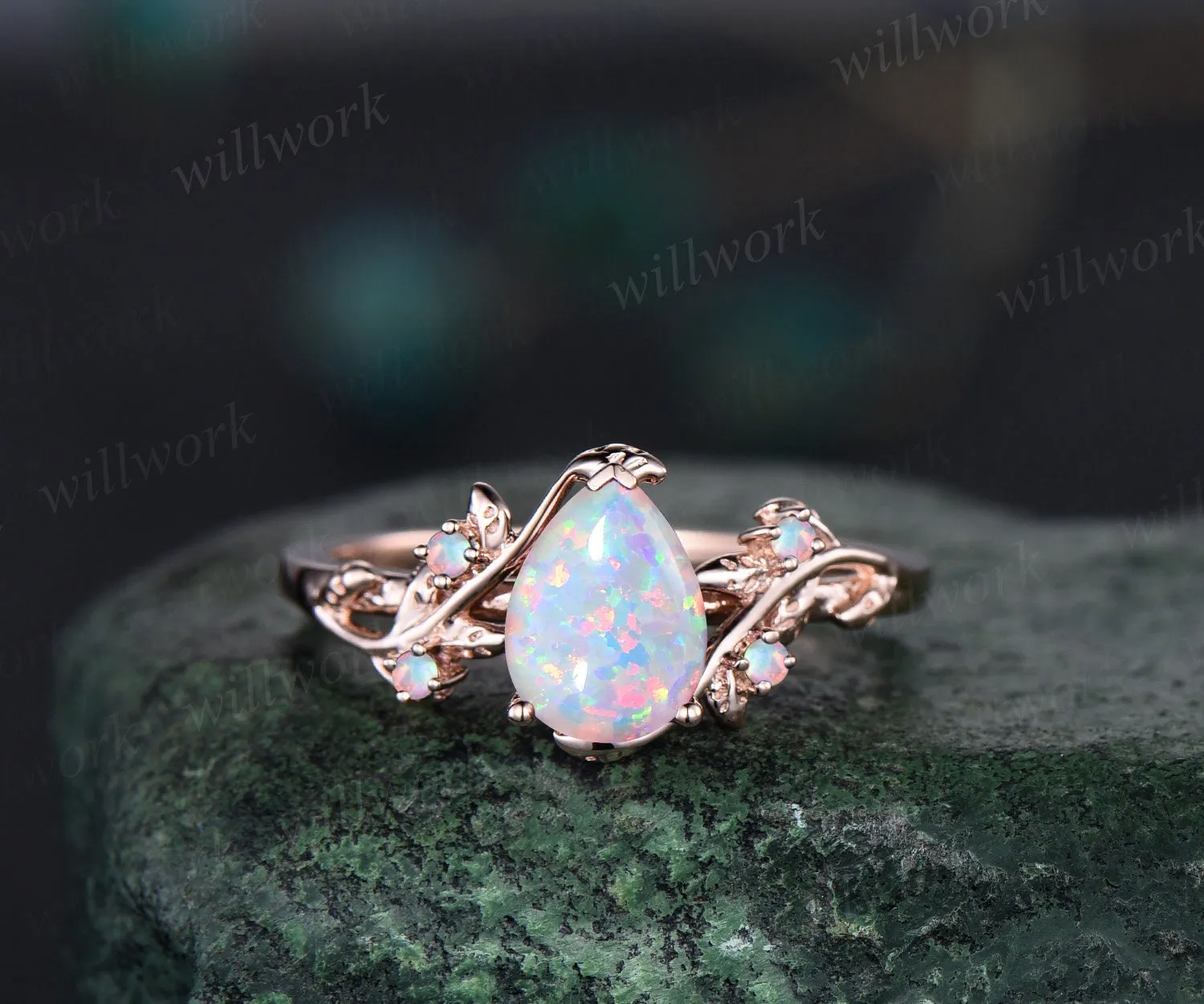 Pear shaped white opal engagement ring solid 14k white gold leaf branch five stone amethyst ring women unique wedding anniversary ring gift sold by Willwork Jewelry product image thumbnail 2