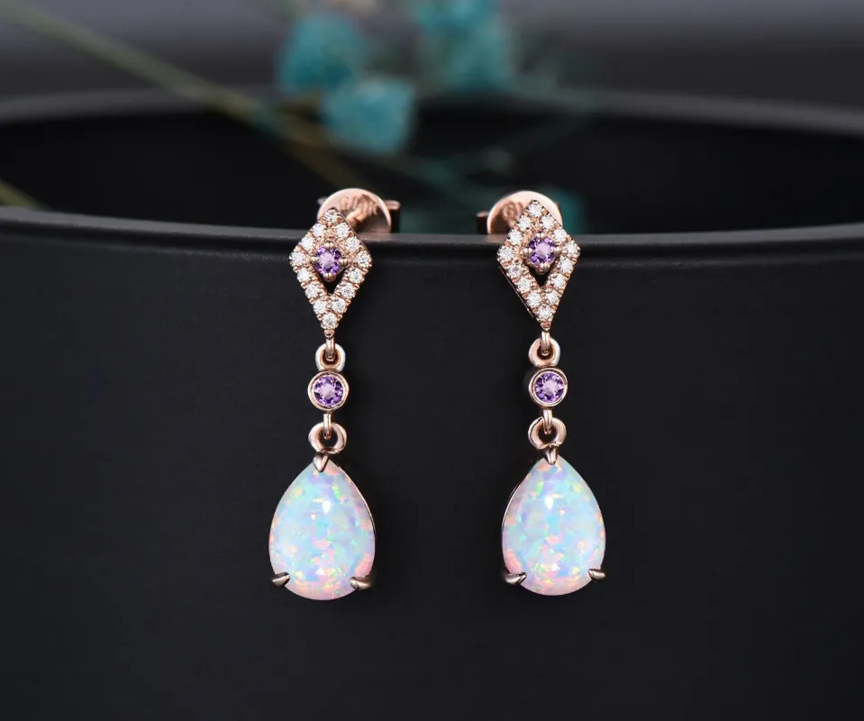 Vintage pear white opal earrings women solid 14k rose gold dainty bezel amethyst kite halo diamond drop earrings anniversary gift for her made by Willwork Jewelry