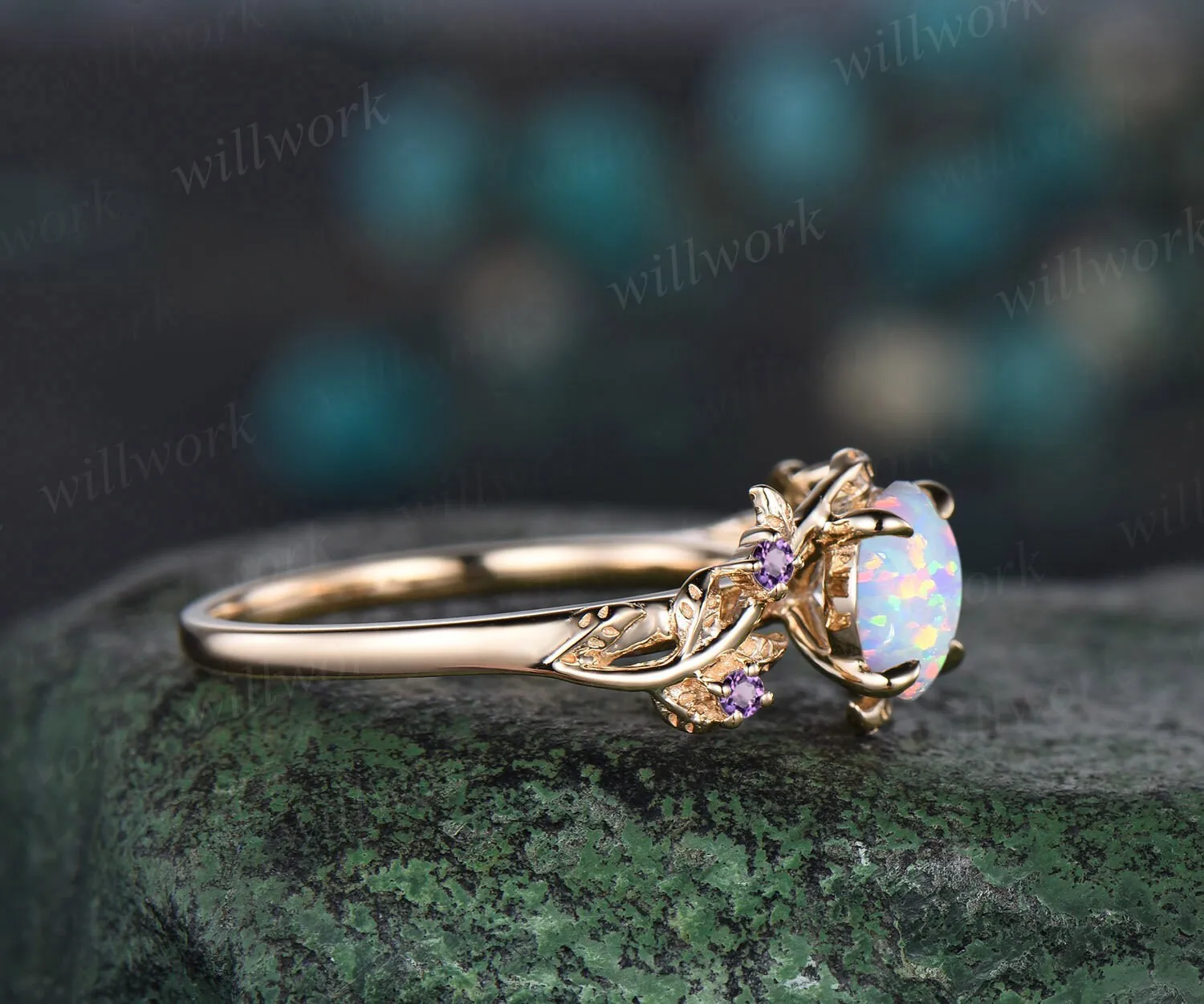 Round white opal ring vintage yellow gold leaf nature inspired unique engagement ring five stone amethyst bridal wedding ring women sold by Willwork Jewelry product image thumbnail 4
