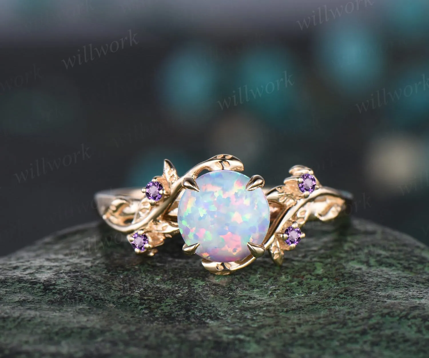 Round white opal ring vintage yellow gold leaf nature inspired unique engagement ring five stone amethyst bridal wedding ring women sold by Willwork Jewelry