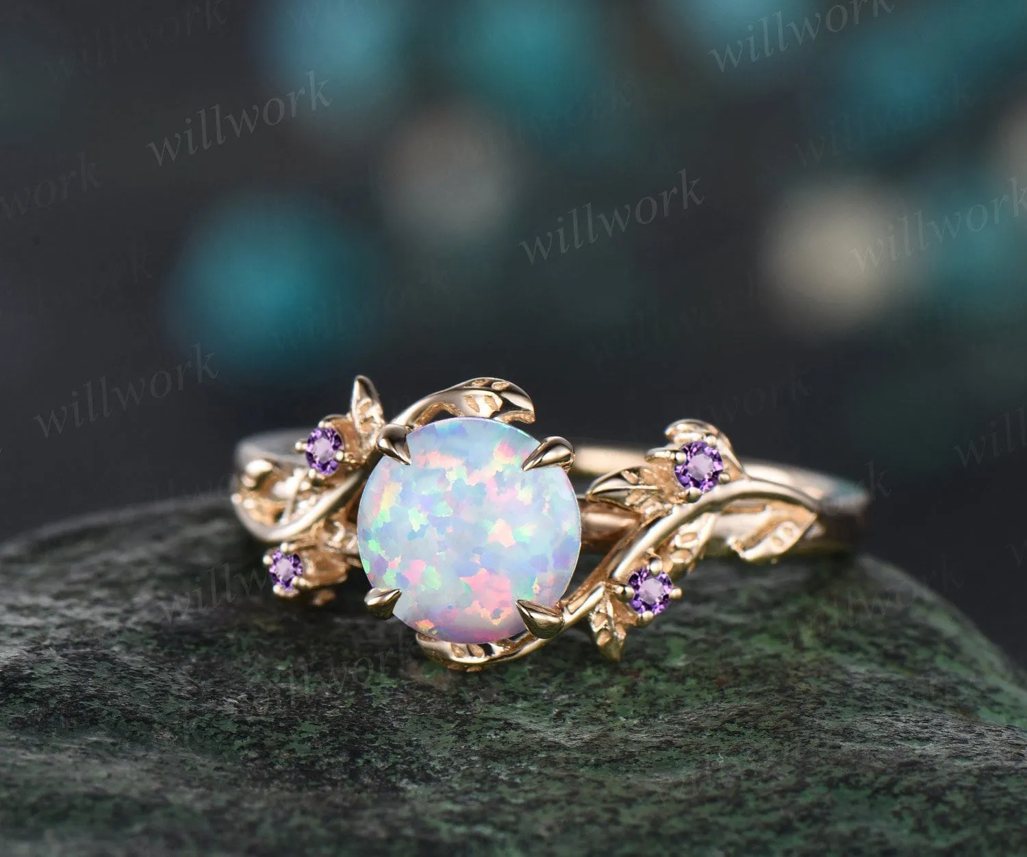 Round white opal ring vintage yellow gold leaf nature inspired unique engagement ring five stone amethyst bridal wedding ring women sold by Willwork Jewelry product image thumbnail 3