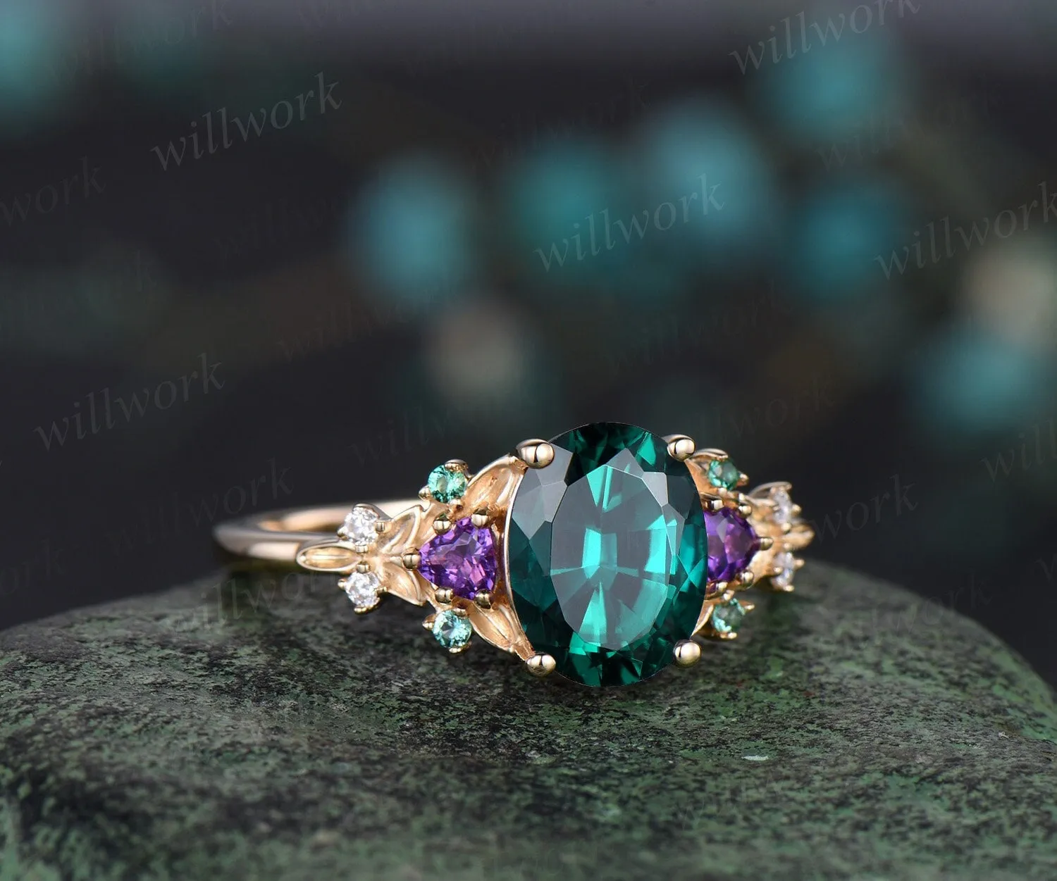 Oval cut green emerald engagement ring solid 14k yellow gold vintage leaf cluster moissanite Trilliant amethyst anniversary ring women sold by Willwork Jewelry