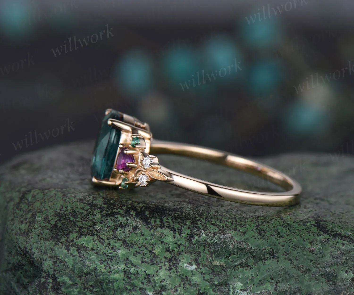 Oval cut green emerald engagement ring solid 14k yellow gold vintage leaf cluster moissanite Trilliant amethyst anniversary ring women sold by Willwork Jewelry product image thumbnail 4