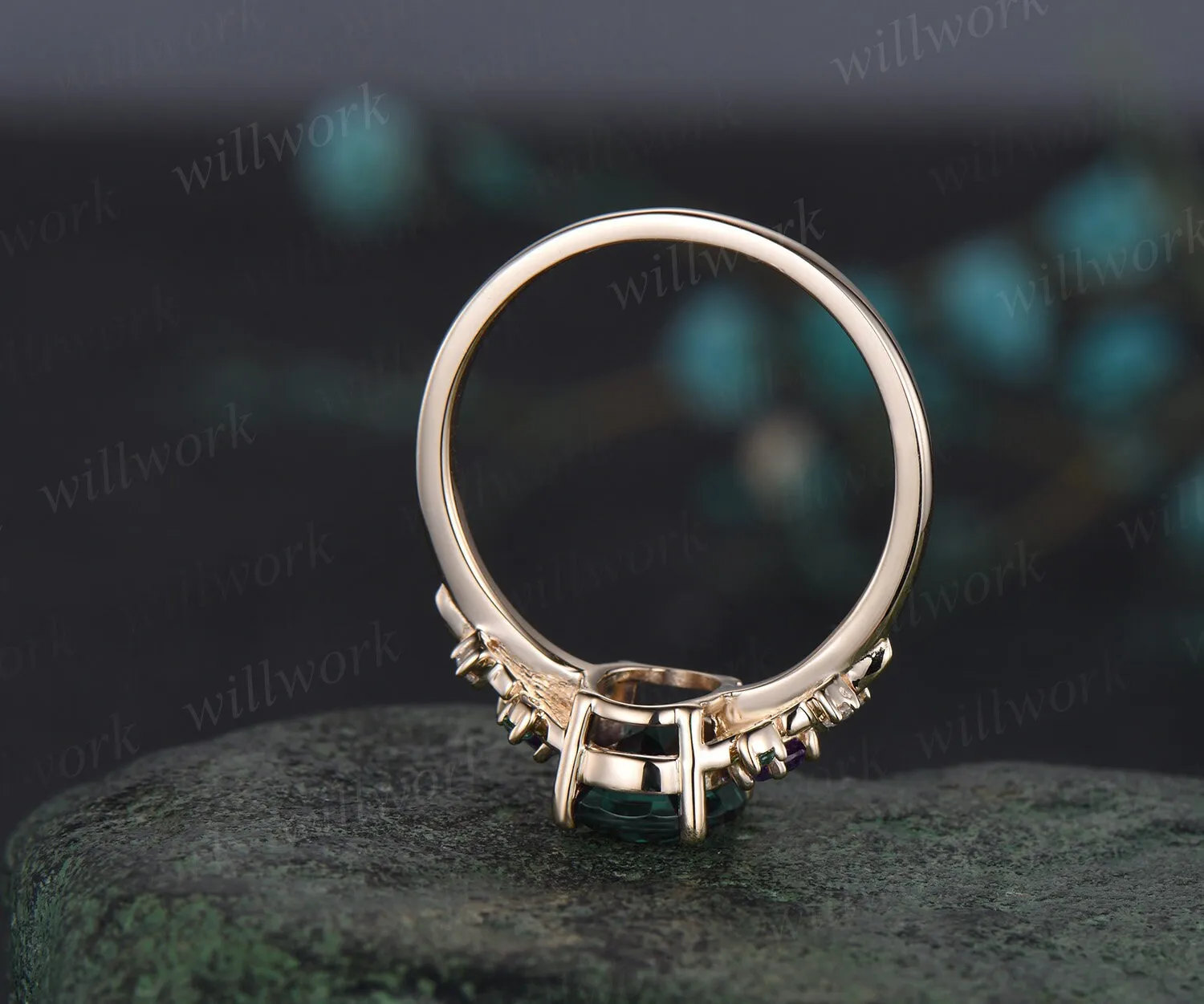 Oval cut green emerald engagement ring solid 14k yellow gold vintage leaf cluster moissanite Trilliant amethyst anniversary ring women sold by Willwork Jewelry product image thumbnail 5