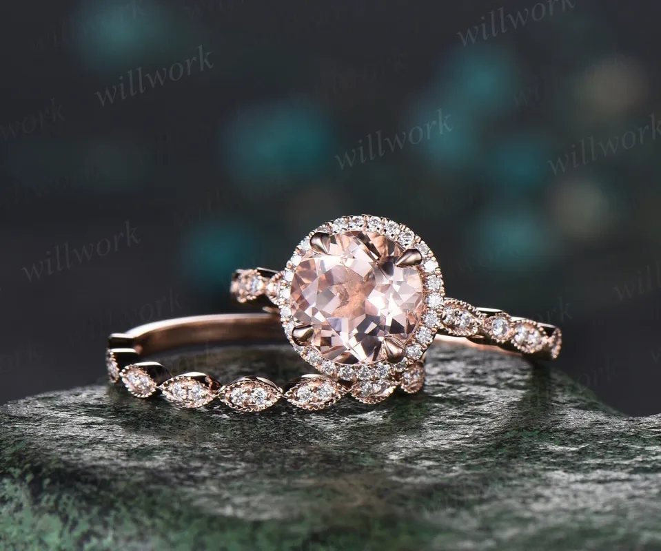 Vintage round cut morganite engagement ring solid 14k rose gold half eternity milgrain halo diamond ring marqusie wedding ring set women sold by Willwork Jewelry