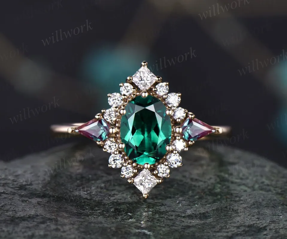 Vintage oval lab emerald engagement ring 14k rose gold halo princess diamond ring kite alexandrite ring women retro wedding anniversary ring sold by Willwork Jewelry