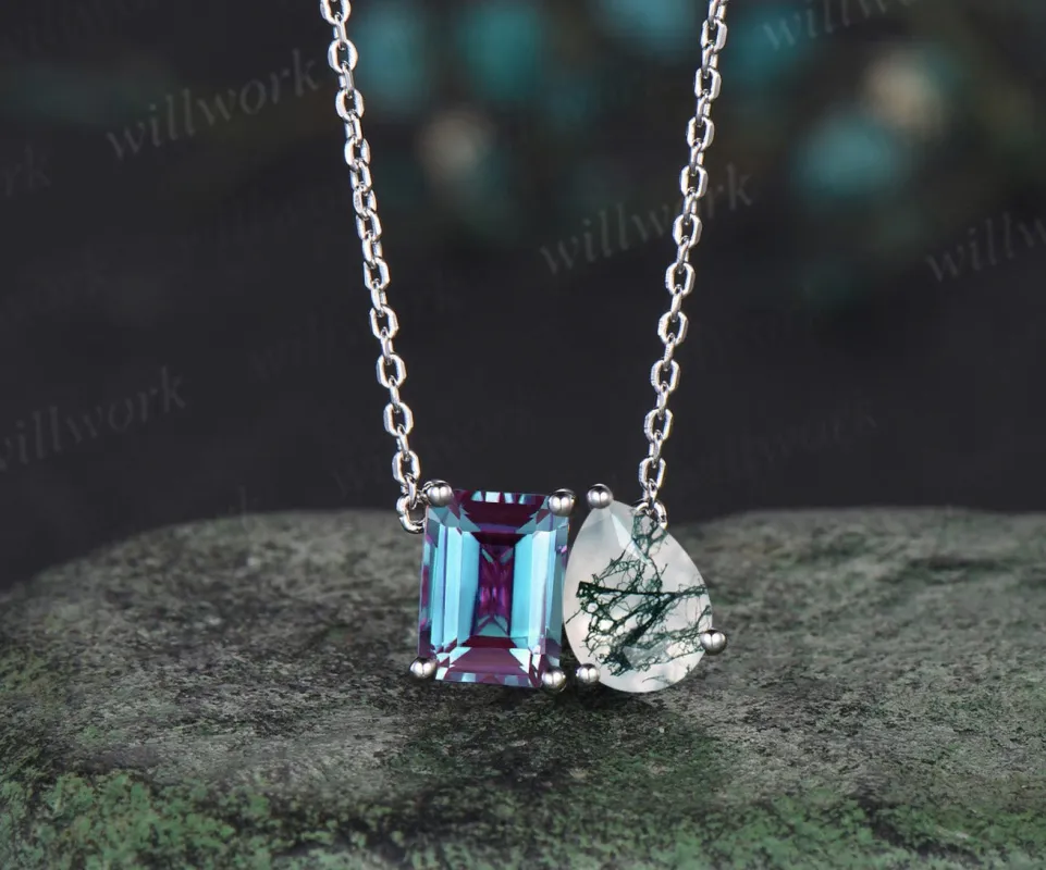 Emerald pear shaped necklace alexandrite natural moss agate necklace with 14k 18k solid gold two stone pendant women anniversary gift mother sold by Willwork Jewelry