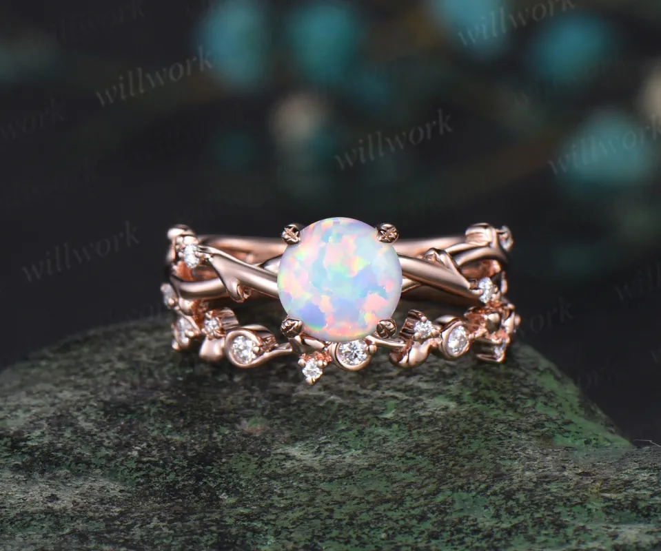 Round white opal ring vintage leaf nature inspired four prong opal engagement ring art deco twisted branch wedding band ring set for women sold by Willwork Jewelry