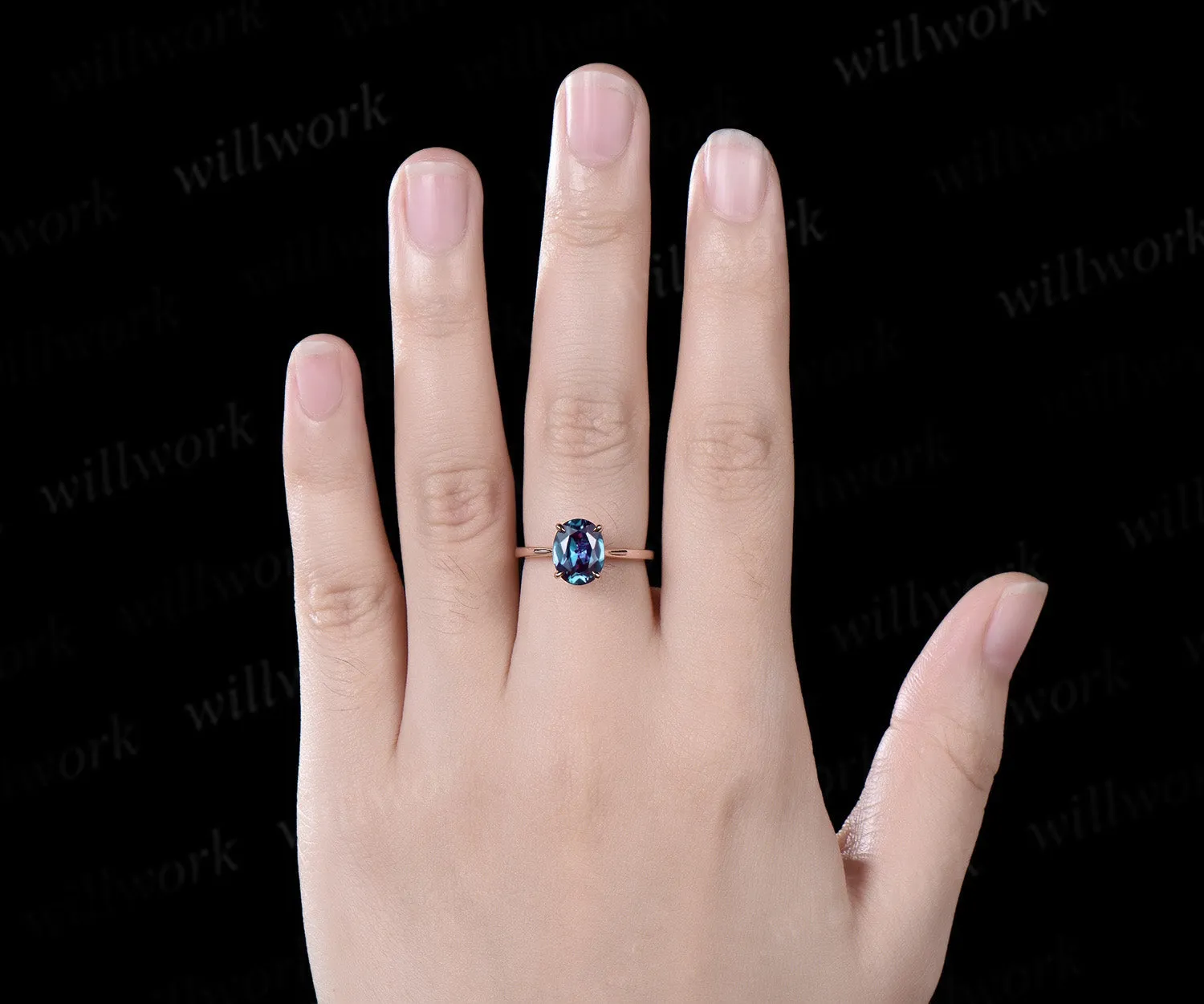 Oval cut Alexandrite engagement ring rose gold four pong engagement ring Alexandrite ring gold vintage gift for her sold by Willwork Jewelry product image thumbnail 2