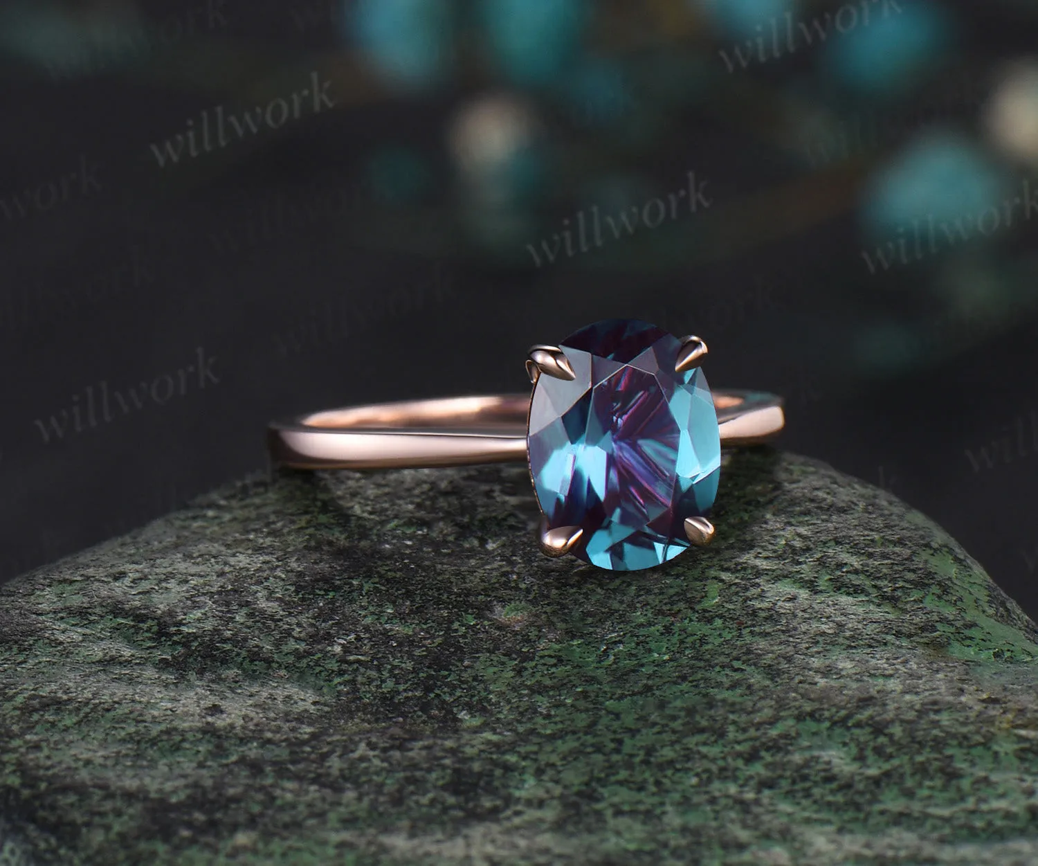 Oval cut Alexandrite engagement ring rose gold four pong engagement ring Alexandrite ring gold vintage gift for her sold by Willwork Jewelry product image thumbnail 3