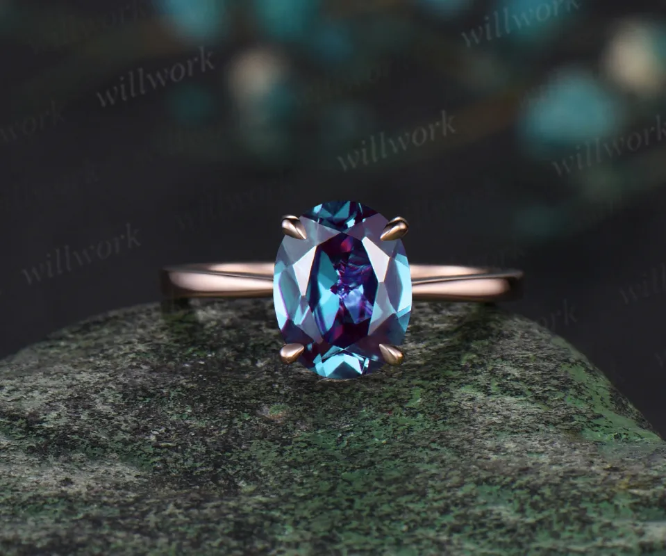 Oval cut Alexandrite engagement ring rose gold  four pong engagement ring Alexandrite ring gold vintage gift for her made by Willwork Jewelry