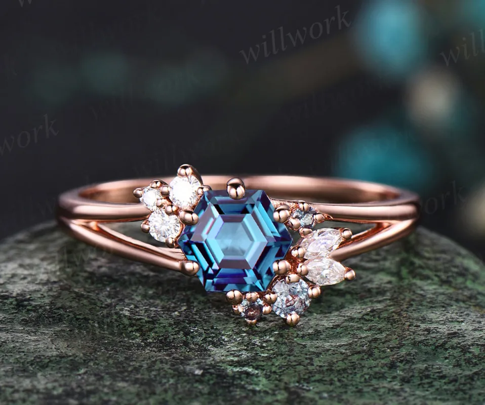 Unique Hexagon Cut Alexandrite Engagement Ring June Birthstone Alexandrite Moissante Diamond Main Ring Bridal Promise Gift For Women sold by Willwork Jewelry