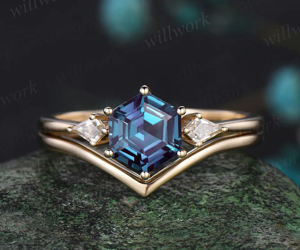 Vintage Alexandrite Engagement ring set hexagon cut rose gold kite cut moissanite ring minimalist unique bridal wedding ring set women sold by Willwork Jewelry