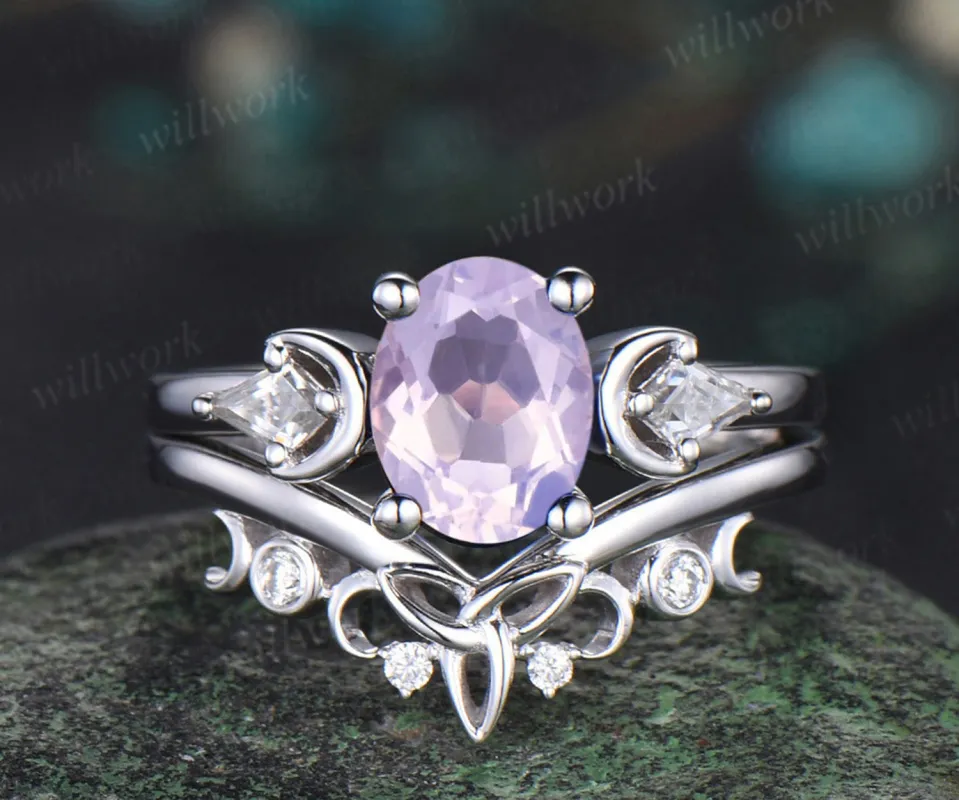 Oval Cut Lavender Amethyst Engagement Ring Set Unique Moissanite Celtic Knot Moon Wedding Band Art Deco Healing Jewelry 2pcs Bridal Ring Set sold by Willwork Jewelry