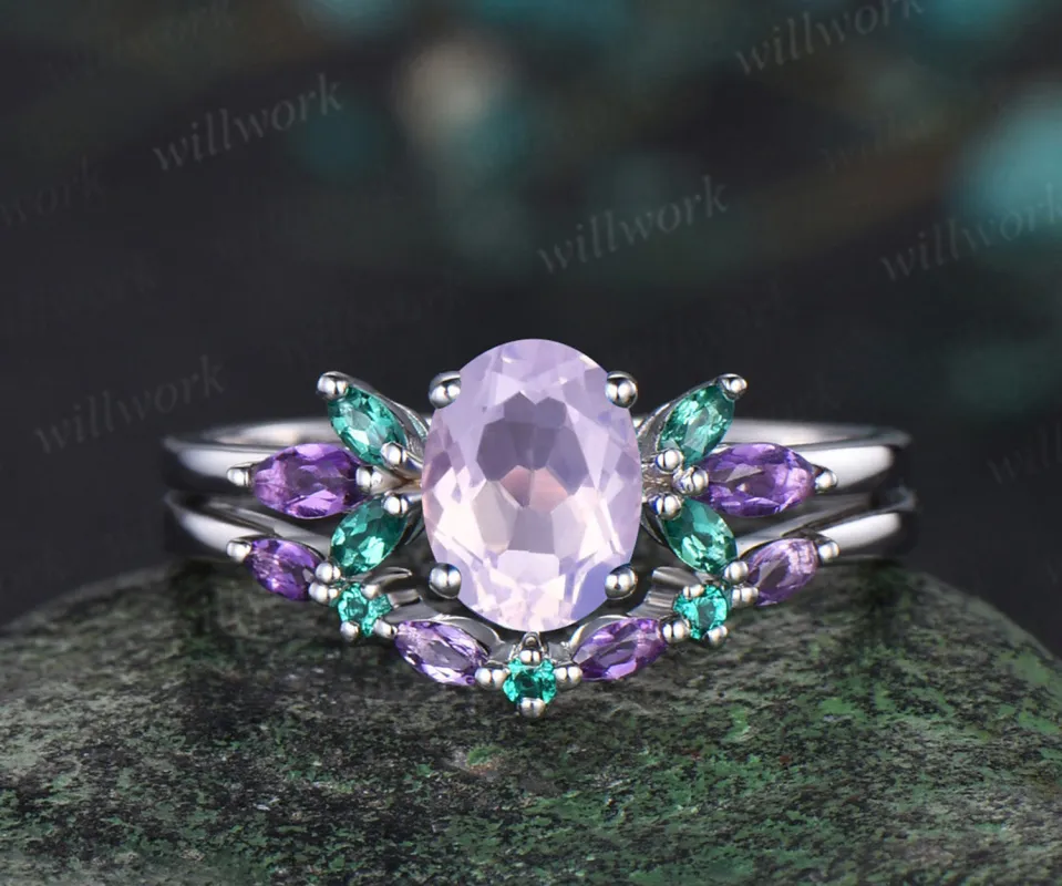 Unique Oval Cut Lavender Amethyst Engagement Ring Set 14k White Gold Butterfly rings Lab Emeralds Amethyst Cluster 2pcs Bridal Ring Set sold by Willwork Jewelry