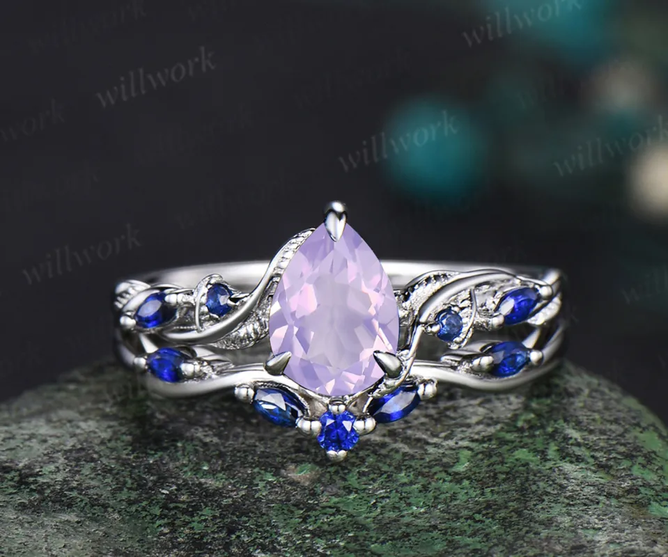 Pear cut Lavender Amethyst engagement ring 14k white gold five stone leaf branch Nature inspired blue Sapphire bridal ring set women gift sold by Willwork Jewelry
