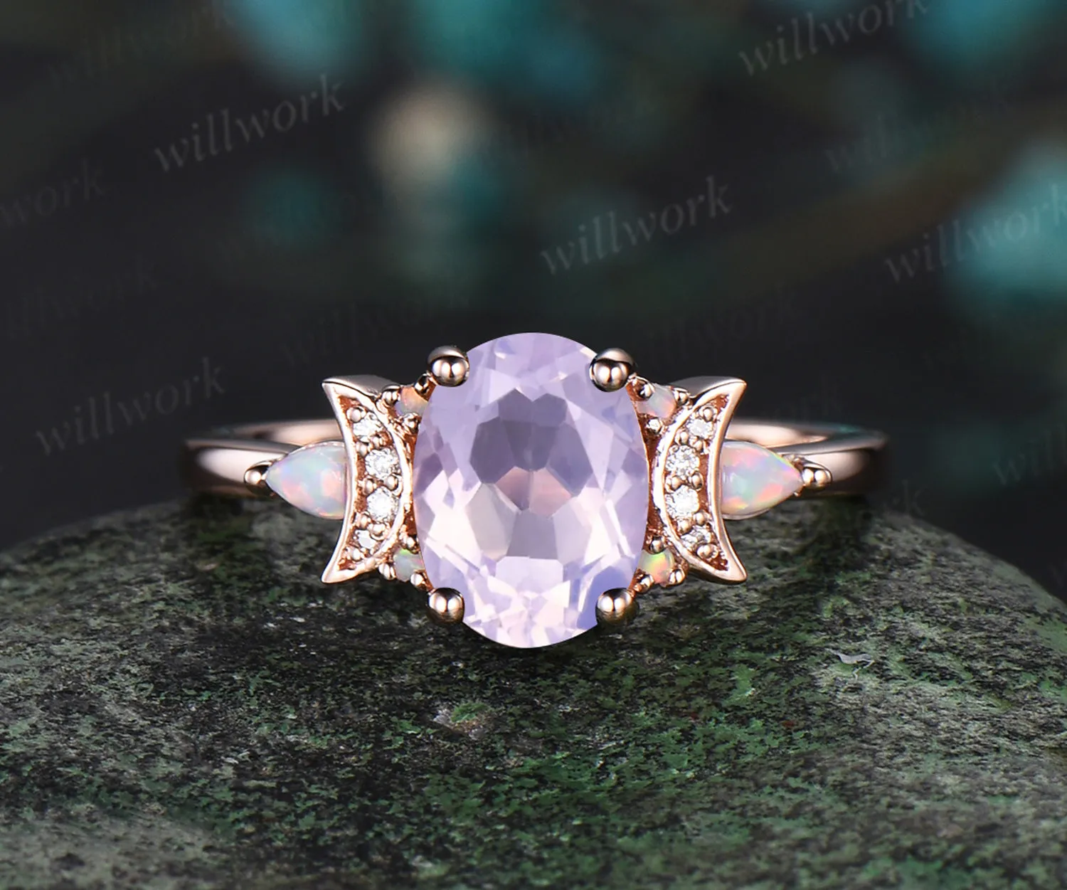 Oval Lavender Amethyst engagement ring retro moon Opal moissanite deco ring 14k yellow gold unique crescent promise ring jewelry gifts sold by Willwork Jewelry