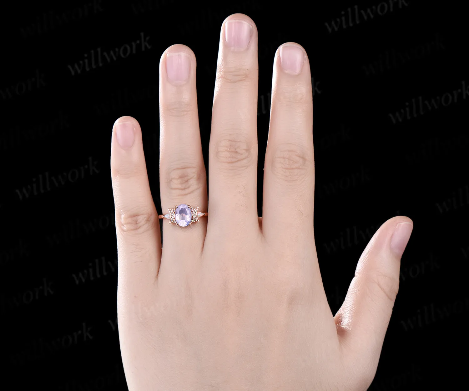 Oval Lavender Amethyst engagement ring retro moon Opal moissanite deco ring 14k yellow gold unique crescent promise ring jewelry gifts sold by Willwork Jewelry product image thumbnail 2