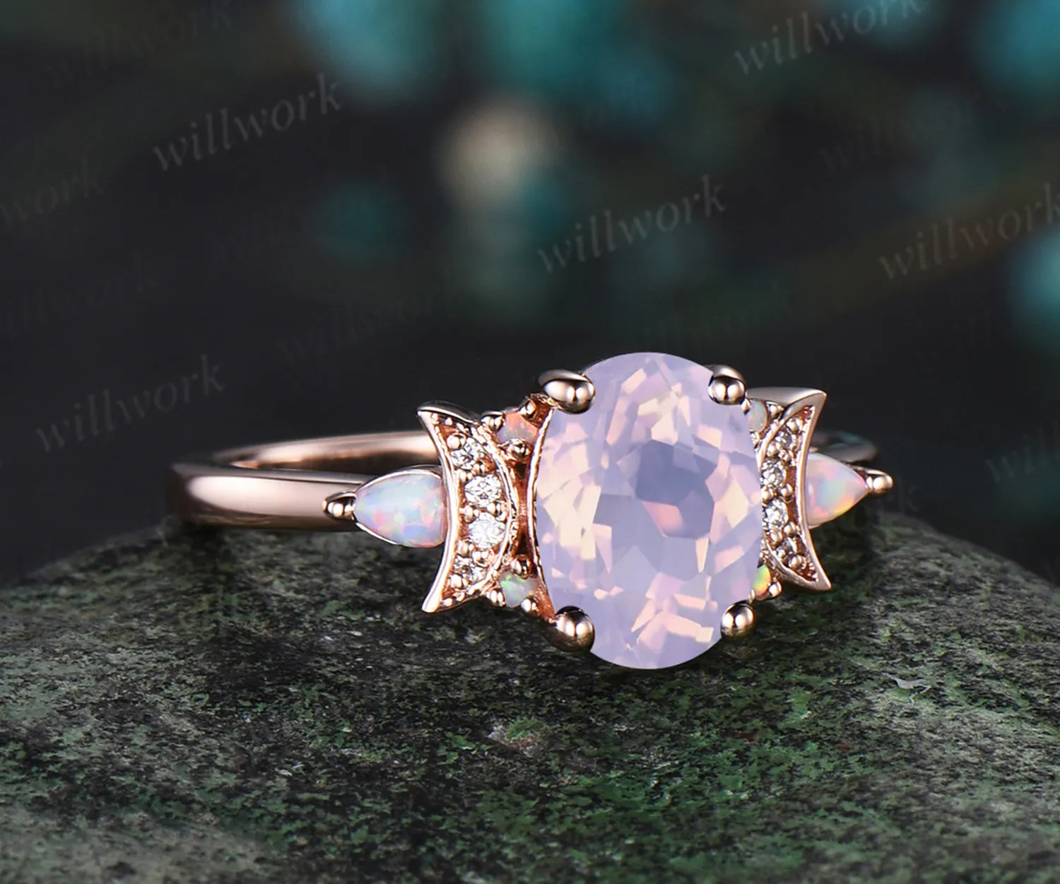 Oval Lavender Amethyst engagement ring retro moon Opal moissanite deco ring 14k yellow gold unique crescent promise ring jewelry gifts sold by Willwork Jewelry product image thumbnail 3