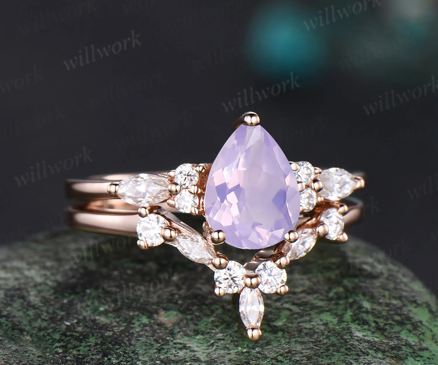 Vintage Pear cut 1ct Lavender Amethyst engagement ring set 14k rose gold marquise cut diamond ring for women unique bridal wedding ring set sold by Willwork Jewelry product image thumbnail 4