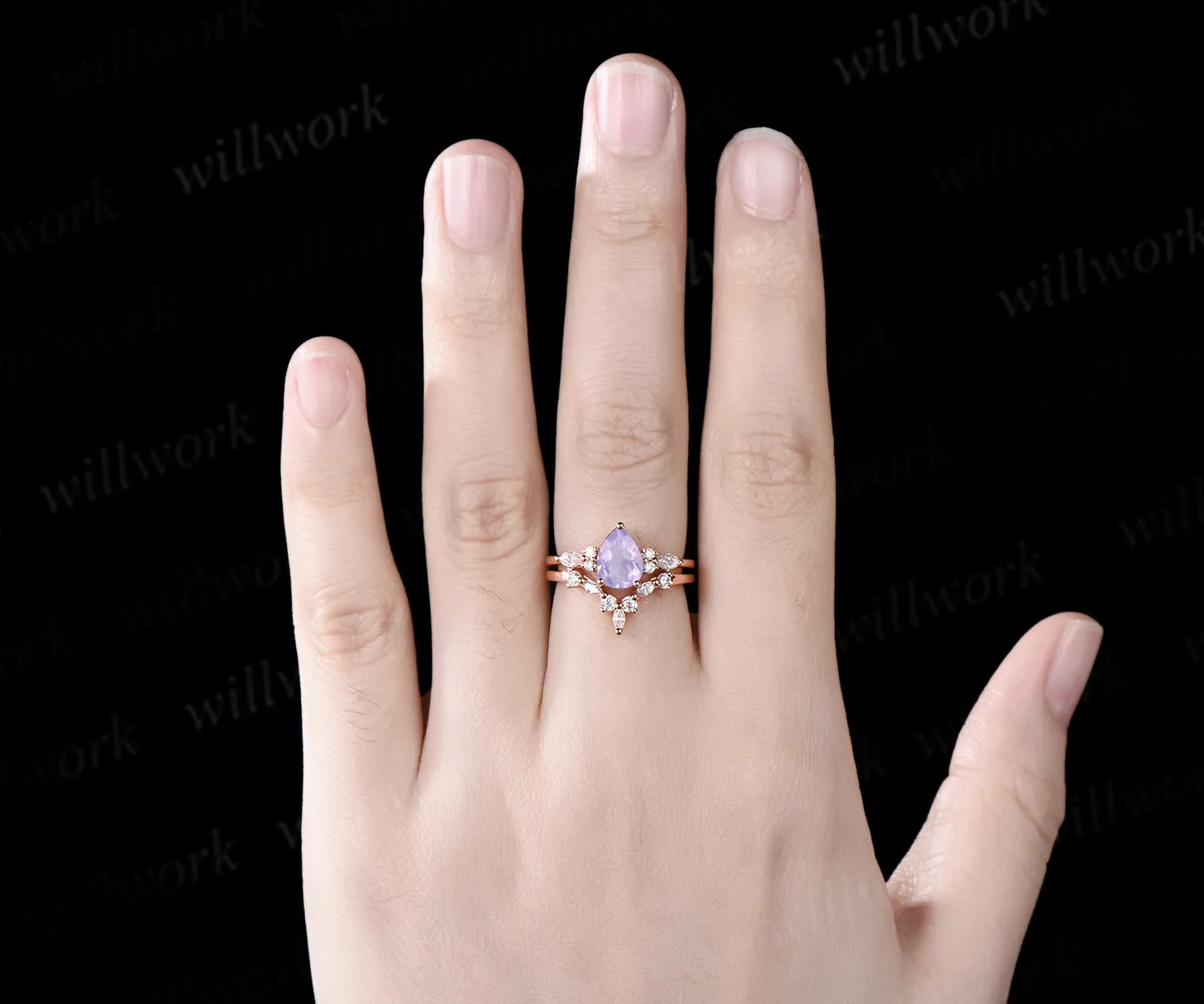Vintage Pear cut 1ct Lavender Amethyst engagement ring set 14k rose gold marquise cut diamond ring for women unique bridal wedding ring set sold by Willwork Jewelry product image thumbnail 2