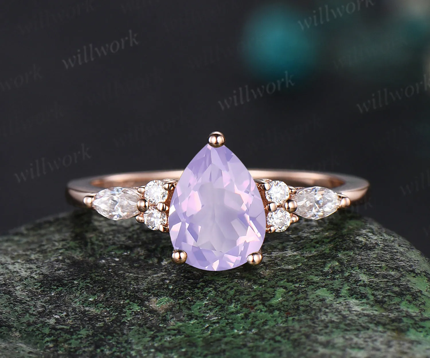 Vintage Pear cut 1ct Lavender Amethyst engagement ring set 14k rose gold marquise cut diamond ring for women unique bridal wedding ring set sold by Willwork Jewelry product image thumbnail 3