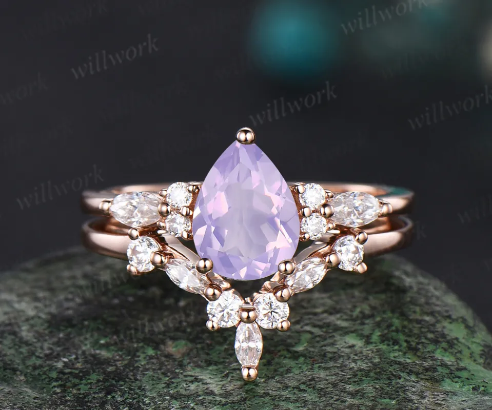 Vintage Pear cut 1ct Lavender Amethyst engagement ring set 14k rose gold marquise cut diamond ring for women unique bridal wedding ring set sold by Willwork Jewelry