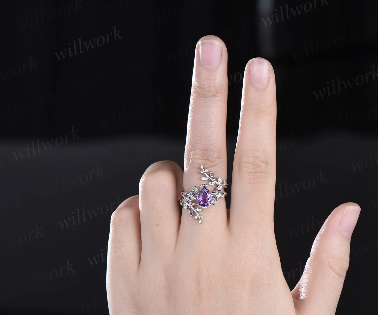 Vintage pear shaped amethyst engagement ring nature inspired leaf emerald white gold wedding band enhancer twisted bridal ring set women sold by Willwork Jewelry product image thumbnail 3
