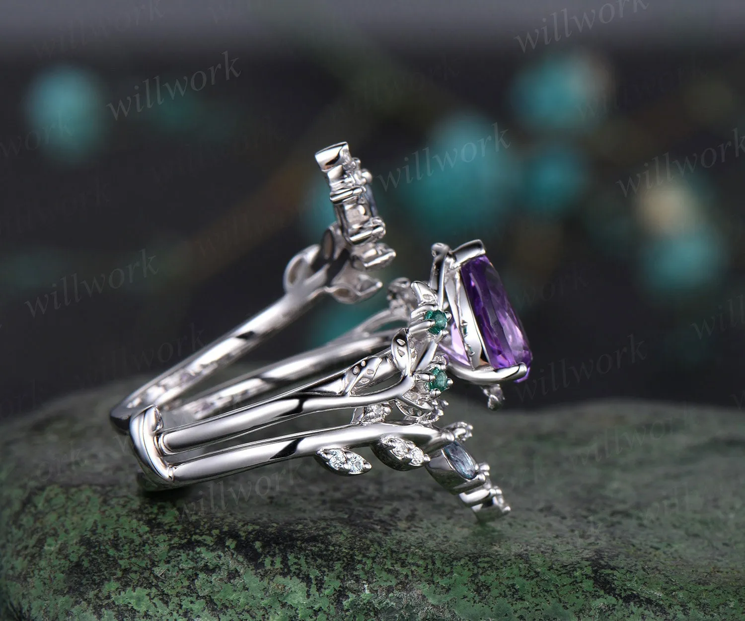 Vintage pear shaped amethyst engagement ring nature inspired leaf emerald white gold wedding band enhancer twisted bridal ring set women sold by Willwork Jewelry product image thumbnail 4