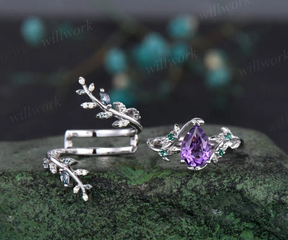 Vintage pear shaped amethyst engagement ring nature inspired leaf emerald white gold wedding band enhancer twisted bridal ring set women sold by Willwork Jewelry
