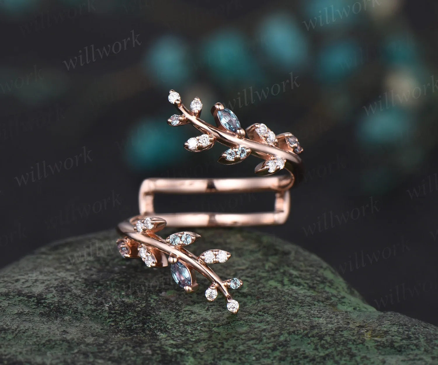 Vintage pear shaped amethyst engagement ring nature inspired leaf emerald white gold wedding band enhancer twisted bridal ring set women sold by Willwork Jewelry product image thumbnail 5